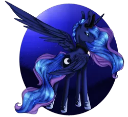 Size: 932x856 | Tagged: safe, artist:theeclipticlion, artist:xxmissteaxx, derpibooru import, princess luna, alicorn, pony, big ears, collaboration, cutie mark, ethereal mane, female, jewelry, lidded eyes, looking at you, mare, night, one wing out, open collaboration, regalia, simple background, solo, starry mane, stars, transparent background, wings