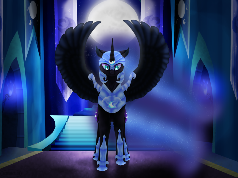 Size: 2592x1936 | Tagged: safe, artist:theeclipticlion, derpibooru import, nightmare moon, alicorn, pony, armor, castle of the royal pony sisters, cutie mark, ethereal mane, female, helmet, horn, horn jewelry, jewelry, looking at you, mare, moon, solo, spread wings, starry mane, wings