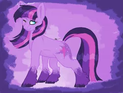 Size: 809x611 | Tagged: safe, artist:theeclipticlion, derpibooru import, twilight sparkle, earth pony, pony, leak, spoiler:g5, abstract background, coat markings, cutie mark, dock, earth pony twilight, female, g5, looking sideways, mare, ms paint, one eye closed, smiling, solo, twilight sparkle (g5)