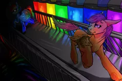 Size: 6000x4000 | Tagged: semi-grimdark, artist:theeclipticlion, derpibooru import, rainbow dash, scootaloo, pegasus, pony, fanfic:rainbow factory, absentia, blank flank, blood, blood splatter, bound wings, dark, duo, evil grin, fanfic art, female, filly, grin, looking at each other, mare, pegasus device, rainbow factory dash, raised hoof, redraw, running, sad, smiling, wings