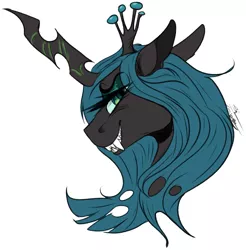 Size: 2115x2147 | Tagged: artist:theeclipticlion, bust, changeling, changeling queen, cropped, crown, derpibooru import, edit, eyeshadow, fangs, female, floppy ears, grin, jewelry, looking at you, makeup, queen chrysalis, regalia, safe, simple background, smiling, solo, white background