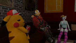 Size: 1920x1080 | Tagged: safe, artist:sevenxninja, derpibooru import, oc, oc:love biscuit, anthro, pikachu, unicorn, 3d, clothes, coca-cola, confused, couch, gmod, hat, picture, picture frame, pokémon, pyro, relaxing, sitting, socks, striped socks, team fortress 2, wat