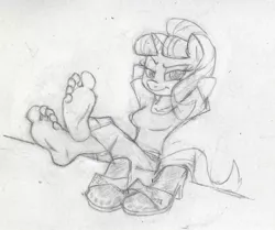 Size: 1011x846 | Tagged: anthro, artist:dertikleen, barefoot, breasts, commission, derpibooru import, feet, feet on table, feet up, female, fetish, foot fetish, foot focus, looking at you, monochrome, plantigrade anthro, s5 starlight, safe, sandals, scene interpretation, simple background, smug, smuglight glimmer, soles, solo, starlight glimmer, toes, traditional art, welcome home twilight, white background