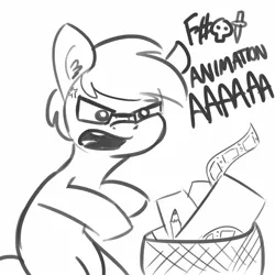 Size: 1650x1650 | Tagged: safe, artist:tjpones, derpibooru import, oc, oc:tjpones, pony, censored vulgarity, cross-popping veins, dialogue, frustrated, glasses, grawlixes, grayscale, lineart, monochrome, pencil, simple background, trash, trash can, vulgar, white background