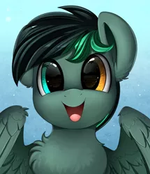 Size: 1722x2003 | Tagged: safe, artist:pridark, derpibooru import, oc, oc:target strike, unofficial characters only, pegasus, pony, bust, chest fluff, commission, happy, heterochromia, looking at you, multicolored eyes, open mouth, portrait, solo