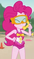 Size: 594x1007 | Tagged: safe, derpibooru import, screencap, pinkie pie, equestria girls, equestria girls series, unsolved selfie mysteries, clothes, cropped, diving goggles, geode of sugar bombs, goggles, magical geodes, sleeveless, snorkel, swimsuit