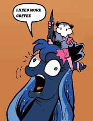 Size: 1080x1408 | Tagged: safe, artist:andypriceart, derpibooru import, edit, editor:apex soundwave, idw, princess luna, tiberius, alicorn, pony, spoiler:comic, cake, coffee, exploitable meme, faic, female, food, luna found the coffee, mare, meme, screaming, text, text edit