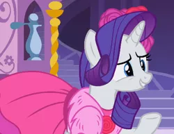 Size: 446x345 | Tagged: safe, derpibooru import, screencap, rarity, pony, unicorn, no second prances, bracelet, clothes, cropped, cute, dress, female, flower, jewelry, mare, necklace, raised hoof, raised leg, raribetes, rose, smiling, solo