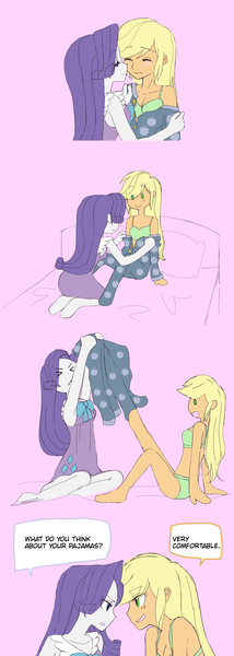 Size: 1280x3584 | Tagged: suggestive, artist:haibaratomoe, derpibooru import, applejack, rarity, equestria girls, bra, breasts, clothes, comic, female, freckles, green underwear, imminent sex, lesbian, looking at each other, open mouth, pajamas, panties, pillow, pink background, rarijack, sexy, shipping, simple background, sleeveless, smiling, underwear, undressing