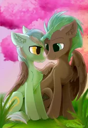 Size: 880x1280 | Tagged: safe, artist:muffinkarton, derpibooru import, lyra heartstrings, oc, unofficial characters only, pegasus, pony, unicorn, chest fluff, female, grass, male, mare, smiling, stallion