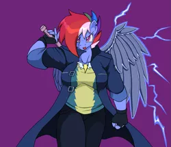 Size: 1281x1103 | Tagged: alternate hairstyle, alternate timeline, alternate universe, amputee, anthro, apocalypse dash, artificial wings, artist:droll3, augmented, big breasts, breasts, busty rainbow dash, clothes, coat, crossover, crystal war timeline, derpibooru import, devil may cry, devil may cry 5, female, fingerless gloves, gloves, mechanical wing, nero (devil may cry), prosthetic limb, prosthetics, prosthetic wing, rainbow dash, safe, simple background, solo, spark, sword, torn ear, uniform, weapon, wings, wonderbolts uniform