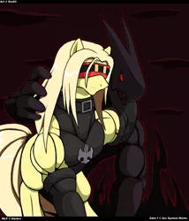 Size: 1132x1324 | Tagged: safe, artist:droll3, derpibooru import, ponified, pony, beast, blindfold, collar, darkness, duo, eddie, guilty gear, guilty gear xrd, muscles, red eyes, zato-1, zato-one