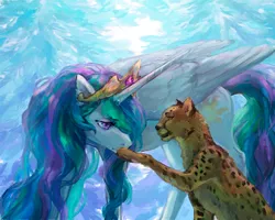 Size: 900x721 | Tagged: safe, artist:lusille, derpibooru import, princess celestia, alicorn, cheetah, pony, fanfic:moon rise, fanfic art, female, fluffy, forest, forest background, frown, lidded eyes, looking down, mare, sad, sitting, solo, teary eyes, tree, winter