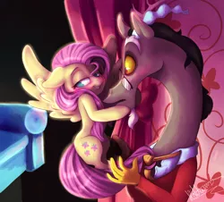 Size: 2000x1807 | Tagged: suggestive, artist:sirskipper, derpibooru import, discord, fluttershy, draconequus, pegasus, pony, blushing, clothes, discoshy, female, glasses, grin, imminent sex, male, mare, necktie, shipping, smiling, straight, suggestive description, this will end in kisses, this will end in snu snu, this will end with sex, tie pull