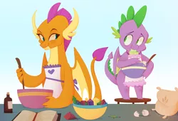Size: 6600x4500 | Tagged: absurd resolution, apron, artist:jellynut, baking, blushing, book, bowl, clothes, derpibooru import, dragon, dragoness, duo, egg, female, flour, friends, gem, gradient background, male, safe, shipping, smiling, smolder, spike, spolder, straight, winged spike