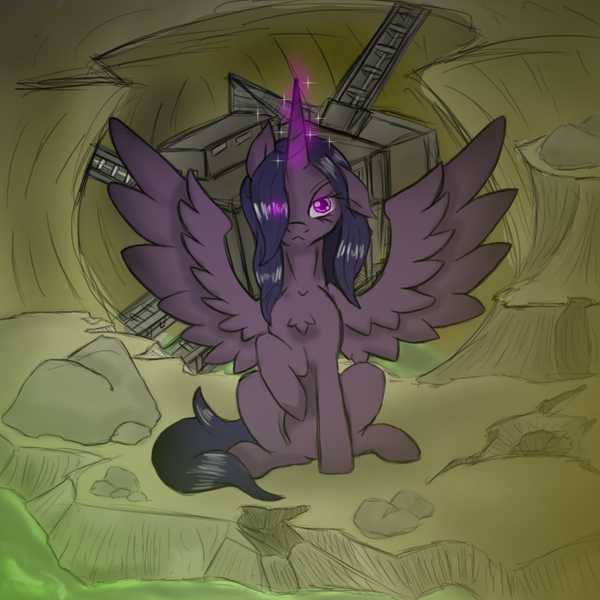 Size: 1000x1000 | Tagged: safe, artist:devorierdeos, derpibooru import, oc, unofficial characters only, alicorn, pony, fallout equestria, fanfic, alicorn oc, artificial alicorn, chest fluff, fanfic art, female, glowing horn, hooves, horn, magic, mare, maripony, purple alicorn (fo:e), raised hoof, sitting, solo, splendid valley, spread wings, wings