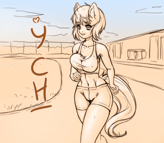 Size: 2584x2248 | Tagged: advertisement, anthro, artist:kindpineapple, breasts, clothes, commission, derpibooru import, female, looking at you, mare, running, safe, sky, sports, sports bra, stadium, ych example, your character here