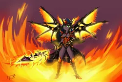 Size: 3840x2601 | Tagged: anthro, armor, artificial wings, artist:danli69, augmented, breasts, cape, clothes, curved horn, derpibooru import, female, fiery wings, fire, horn, mechanical wing, oc, oc:kuro, safe, solo, spear, unconvincing armor, unofficial characters only, weapon, wings
