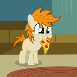 Size: 1500x1500 | Tagged: safe, artist:pizzamovies, derpibooru import, oc, oc:pizzamovies, earth pony, pony, :t, animated, blank flank, cheese, chewing, colt, cute, eating, eye shimmer, food, gif, male, meat, nom, pepperoni, pepperoni pizza, pizza, ponies eating meat, puffy cheeks, rug, smiling, solo