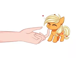 Size: 4320x3284 | Tagged: safe, artist:pesty_skillengton, derpibooru import, applejack, pony, appletini, chest fluff, chin scratch, commission, commissioner:raritybro, cute, disembodied hand, eyes closed, female, hand, heart, high res, jackabetes, mare, micro, smol, tiny, tiny ponies, ych result