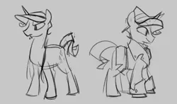 Size: 1148x676 | Tagged: safe, artist:egophiliac, derpibooru import, rarity, pony, unicorn, clothes, elusive, gray background, grayscale, hat, male, monochrome, rule 63, simple background, sketch, solo, stallion, suit