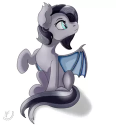 Size: 1300x1400 | Tagged: safe, artist:vikr, derpibooru import, oc, oc:naisha, unofficial characters only, bat pony, pony, bat pony oc, bat wings, ear fluff, female, raised hoof, signature, simple background, sitting, solo, white background, wings