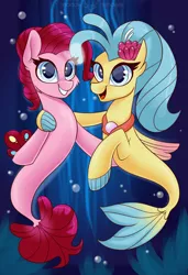 Size: 1772x2598 | Tagged: safe, artist:shadowreindeer, derpibooru import, pinkie pie, princess skystar, pony, seapony (g4), my little pony: the movie, best friends, duo, female, hug, mare, seaponified, seapony pinkie pie, smiling, species swap, underwater