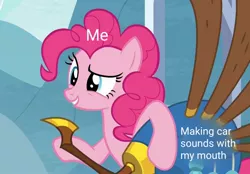 Size: 1556x1080 | Tagged: safe, derpibooru import, edit, edited screencap, editor:apex soundwave, screencap, pinkie pie, earth pony, pony, yakity-sax, annoying, caption, car, female, grin, image macro, mare, meme, smiling, solo, text