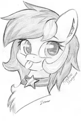 Size: 1268x1903 | Tagged: safe, artist:zemer, derpibooru import, oc, oc:meadow stargazer, unofficial characters only, pony, bust, collar, ear fluff, female, looking at something, mare, mlem, monochrome, portrait, silly, sketch, solo, tongue out, traditional art