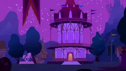 Size: 3200x1800 | Tagged: background, clear with periodic sky, derpibooru import, edit, edited screencap, friendship is magic, night, no pony, ponyville town hall, safe, scenery, screencap, town, town hall, upscaled