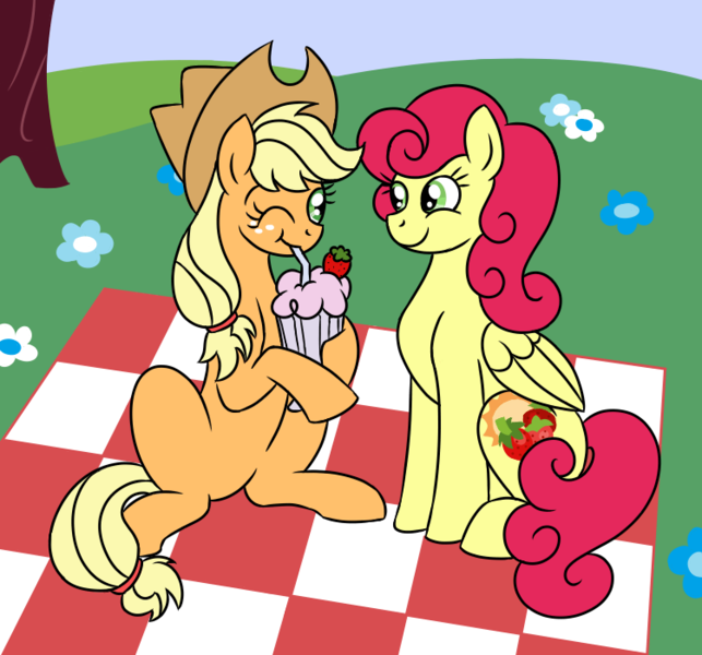 Size: 750x700 | Tagged: safe, artist:spyro-for-life, derpibooru import, applejack, strawberry sunrise, earth pony, pegasus, pony, applerise, cute, female, flower, food, freckles, glass, grass, jackabetes, lesbian, mare, milkshake, one eye closed, picnic, picnic blanket, shipping, straw, strawberry, strawwberry sunrise, tree, wink