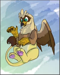 Size: 587x729 | Tagged: safe, artist:scruffasus, derpibooru import, oc, oc:serilde, gryphon, flying, griffon oc, paws, spread wings, underpaw, wings