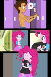 Size: 1640x2456 | Tagged: suggestive, artist:succubi samus, derpibooru import, pinkie pie, oc, oc:copper plume, comic:the copperpie chronicles, equestria girls, canon x oc, canterlot high, clothes, comic, commission, commissioner:imperfectxiii, copperpie, cute, exclamation point, female, fetish, hall, heart, interrobang, locker, male, no dialogue, not creepy, olfactophilia, partial nudity, question mark, shipping, shirt, show accurate, sniffing, straight, t-shirt, topless, yandere pie