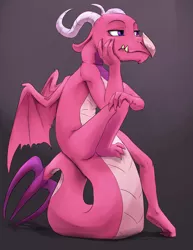 Size: 2550x3300 | Tagged: artist:silfoe, background dragon, ballista, bored, commission, derpibooru import, dragon, dragoness, female, gray background, hand on face, safe, simple background, sitting, solo, tail stand, teenaged dragon