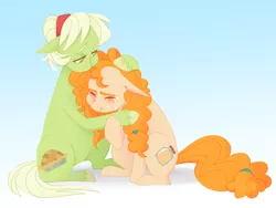 Size: 5380x4048 | Tagged: safe, artist:jellynut, derpibooru import, granny smith, pear butter, earth pony, pony, the perfect pear, absurd resolution, comforting, crying, duo, female, hug, mare, mother and daughter-in-law, signature, simple background, sitting, young granny smith, younger