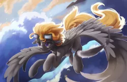 Size: 900x586 | Tagged: safe, artist:fluttersheeeee, derpibooru import, oc, oc:aj, unofficial characters only, pegasus, pony, female, flying, goggles, mare, solo, spread wings, wings