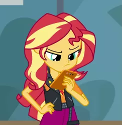 Size: 1051x1080 | Tagged: safe, derpibooru import, screencap, sunset shimmer, driving miss shimmer, equestria girls, equestria girls series, cropped, driving miss shimmer: rarity, female, frown, mobile phone, phone, smartphone, solo