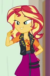 Size: 327x495 | Tagged: safe, derpibooru import, screencap, sunset shimmer, constructive criticism, equestria girls, equestria girls series, bedroom eyes, clothes, cropped, female, geode of empathy, jacket, leather, leather jacket, magical geodes, raised eyebrow, shirt, shoulderless shirt, skirt, smiling, solo