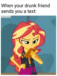 Size: 1080x1425 | Tagged: safe, derpibooru import, edit, edited screencap, editor:apex soundwave, screencap, sunset shimmer, equestria girls, equestria girls series, caption, concentrating, confused, hands on hip, hands on waist, image macro, meme, phone, solo, text