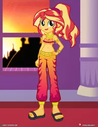 Size: 3090x4000 | Tagged: safe, artist:dieart77, derpibooru import, sunset shimmer, equestria girls, absurd resolution, alternate hairstyle, armlet, belly button, belly dancer, belly dancer outfit, bracelet, clothes, commission, feet, female, jewelry, midriff, necklace, open mouth, outfit, sandals, saudi arabia, solo