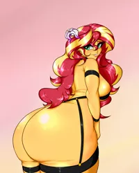 Size: 2000x2500 | Tagged: suggestive, artist:albertbm, derpibooru import, sunset shimmer, equestria girls, absolute cleavage, ass, bikini, breasts, bunset shimmer, butt, cleavage, clothes, female, gradient background, huge butt, large butt, looking at you, looking over shoulder, plump, sling bikini, smiling, solo, solo female, stupid sexy sunset shimmer, swimsuit, the ass was fat, thick, thighs, thunder thighs, wide hips