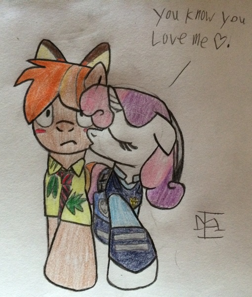 Size: 2080x2448 | Tagged: artist:ejlightning007arts, bunny ears, button mash, clothes, crossover, derpibooru import, female, fox ears, hand drawing, hawaiian shirt, judy hopps, kissing, male, nick wilde, police, safe, shipping, shirt, straight, sweetie belle, sweetiemash, text, traditional art, zootopia