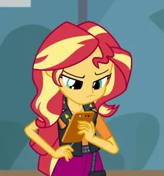 Size: 1007x1079 | Tagged: safe, derpibooru import, screencap, sunset shimmer, driving miss shimmer, equestria girls, equestria girls series, cropped, driving miss shimmer: rarity, female, frown, mobile phone, phone, smartphone, solo