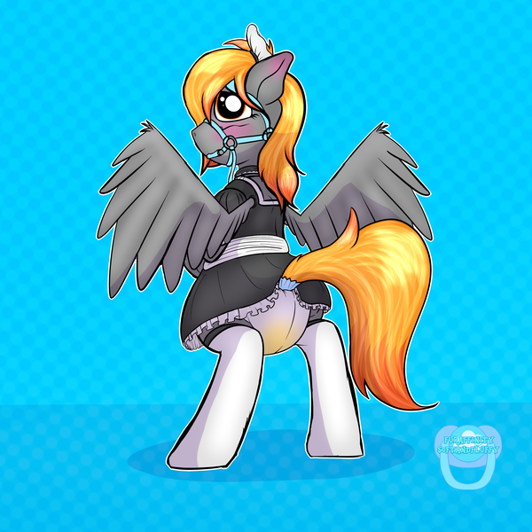 Size: 4000x4000 | Tagged: questionable, artist:softandfluffy, derpibooru import, oc, unofficial characters only, pegasus, pony, adult foal, bipedal, bit gag, blushing, bondage, bridle, clothes, diaper, diaper fetish, dress, female, fetish, floppy ears, gag, maid, maid headdress, poofy diaper, reins, solo, solo female, straitjacket, tack, urine, wet diaper