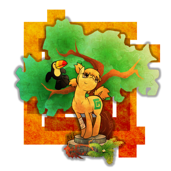 Size: 2280x2280 | Tagged: safe, artist:14dreamer, derpibooru import, oc, oc:safari, unofficial characters only, bird, earth pony, pony, toco toucan, toucan, bandage, browser ponies, platform, tree