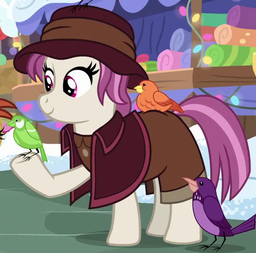 Size: 510x505 | Tagged: safe, derpibooru import, screencap, constance, heartfelt song, bird, earth pony, pony, best gift ever, background pony, female, home alone 2: lost in new york, mare, pigeon lady, solo