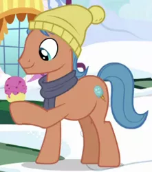 Size: 346x392 | Tagged: safe, derpibooru import, screencap, gelato cone, earth pony, pony, best gift ever, background pony, food, hat, ice cream, ice cream cone, male, solo, stallion