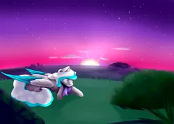 Size: 1280x916 | Tagged: safe, artist:lilrandum, derpibooru import, oc, pegasus, pony, female, mare, prone, solo, sunset