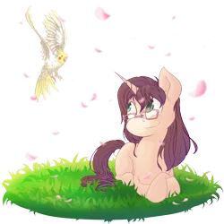 Size: 1000x1000 | Tagged: safe, artist:lordvaltasar, derpibooru import, oc, oc:cinnamon fawn, unofficial characters only, bird, cockatiel, pony, unicorn, brown hair, cherry blossoms, flower, flower blossom, flying, glasses, grass, green eyes, horn, laying on stomach, ponysona, simple background, smiling, solo, transparent background