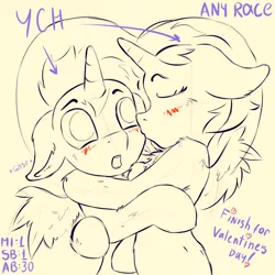 Size: 4000x4000 | Tagged: safe, artist:rainihorn, derpibooru import, oc, pony, semi-anthro, advertisement, auction, blushing, commission, couple, fluffy, hearts and hooves day, holiday, kissing, open mouth, sketch, valentine's day, wings, ych example, your character here